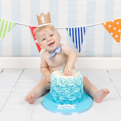 Boys Blue Striped Backdrop with Bunting Cake Smash Photography 